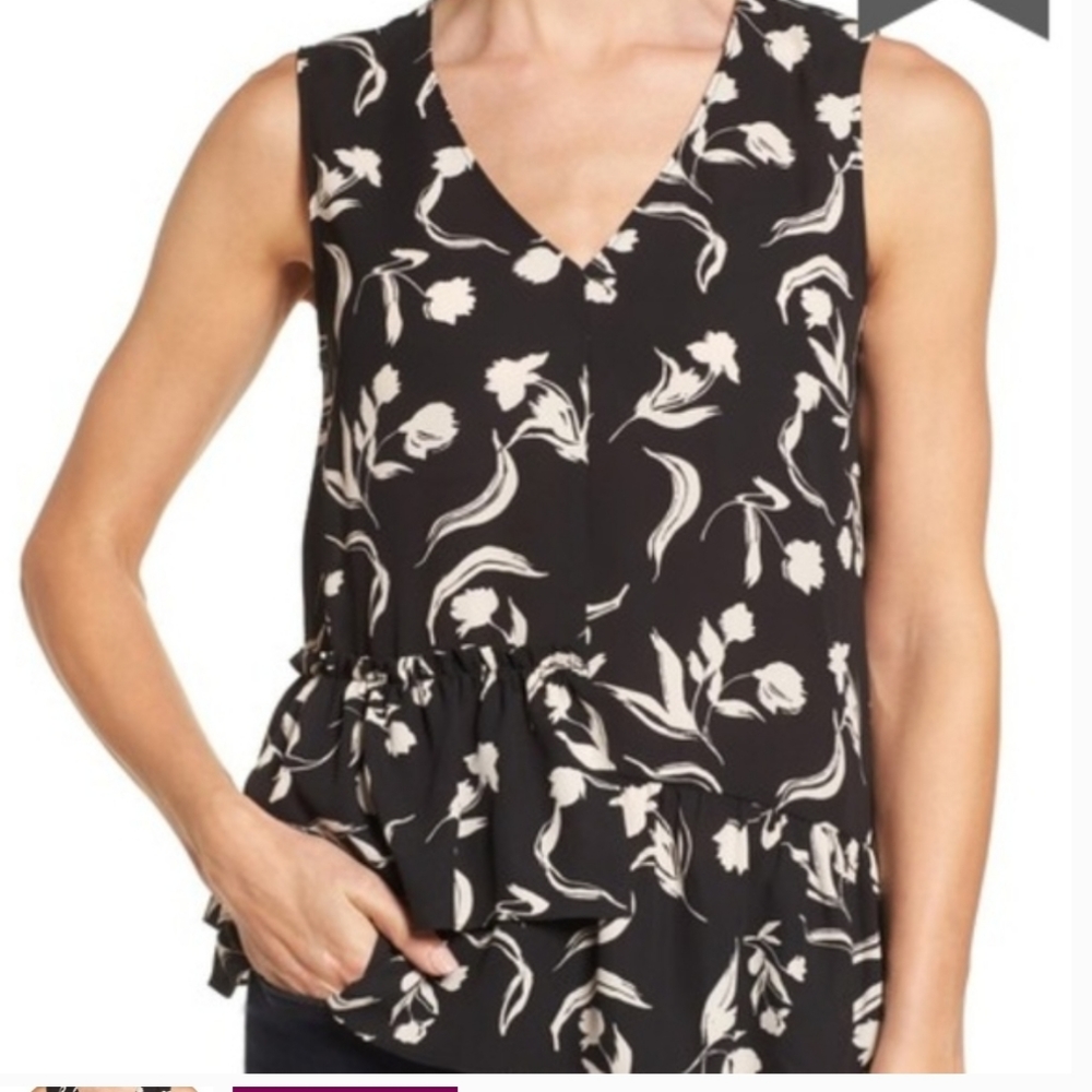 LIKE NEW Halogen Assymetrical Sleeveless V Neck Blouse, Ruffles,XLP, Black/Cream